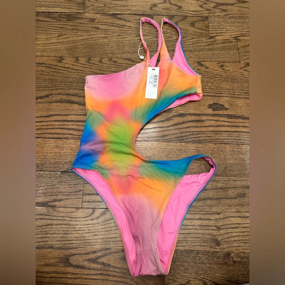 Frankies Bikinis Makie One Piece Swimsuit Rainbow Tie Dye Cutout Size Large NWT